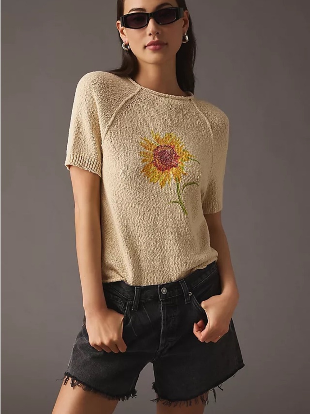 Pilcro Beige Sunflower Knit Short-Sleeve Top